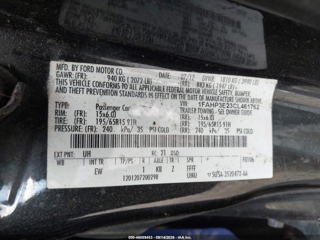 2012 Ford Focus S მანქანა იყიდება აუქციონზე, vin: 1FAHP3E23CL461762, აუქციონის ნომერი: 46089453
