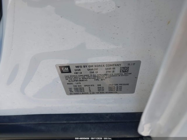 Aukcja sprzedaży 2018 Chevrolet Trax Lt, vin: KL7CJPSB1JB585143, numer aukcji: 46089456