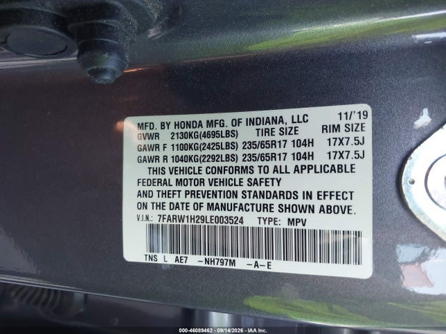 2020 Honda Cr-v 2wd Lx მანქანა იყიდება აუქციონზე, vin: 7FARW1H29LE003524, აუქციონის ნომერი: 46089462