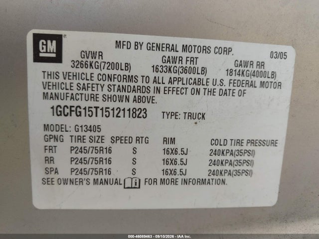 Продажа на аукционе авто 2005 Chevrolet Express, vin: 1GCFG15T151211823, номер лота: 46089463