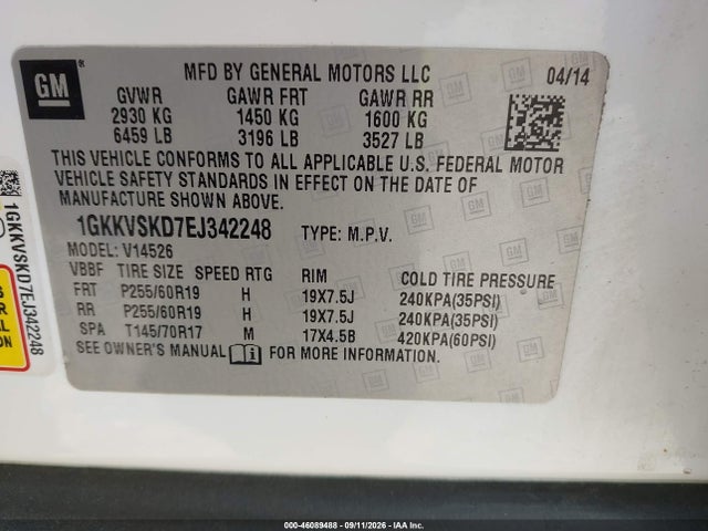 46089488 :رقم المزاد ، 1GKKVSKD7EJ342248 vin ، 2014 Gmc Acadia Slt-2 مزاد بيع