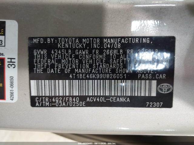 2009 Toyota Camry Le მანქანა იყიდება აუქციონზე, vin: 4T1BE46K99U826051, აუქციონის ნომერი: 46089493