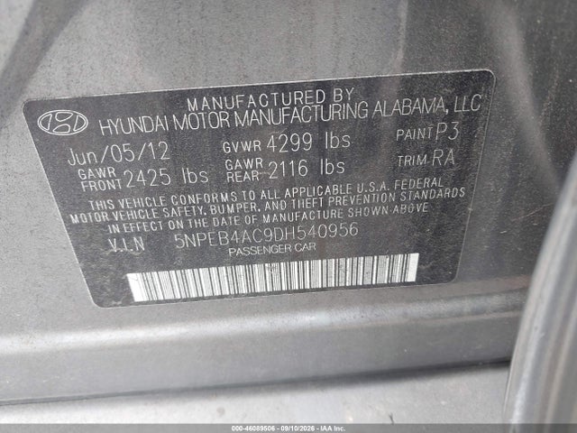 46089506 :رقم المزاد ، 5NPEB4AC9DH540956 vin ، 2013 Hyundai Sonata Gls مزاد بيع