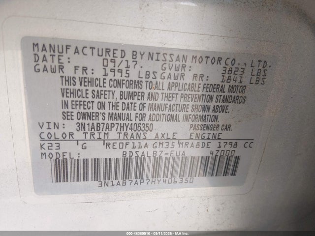 Продаж на аукціоні авто 2017 Nissan Sentra S, vin: 3N1AB7AP7HY406350, номер лоту: 46089510