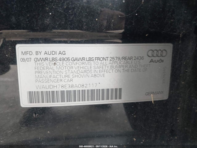 2008 Audi A4 3.2 მანქანა იყიდება აუქციონზე, vin: WAUDH78E38A082117, აუქციონის ნომერი: 46089521