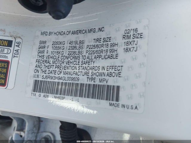 46089523 :رقم المزاد ، 5J6RM3H94GL009609 vin ، 2016 Honda Cr-v Touring مزاد بيع