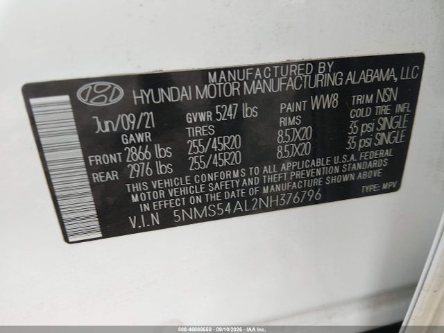 46089550 :رقم المزاد ، 5NMS54AL2NH376796 vin ، 2022 Hyundai Santa Fe Calligraphy مزاد بيع