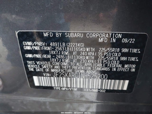 46089552 :رقم المزاد ، JF2SKARC1NH525200 vin ، 2022 Subaru Forester Touring مزاد بيع