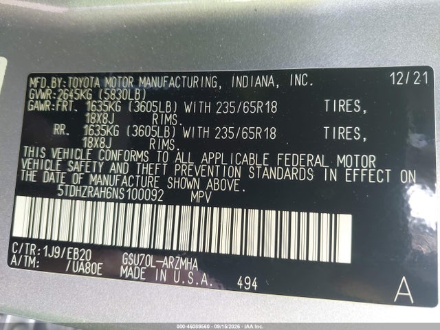 Toyota Highlander Xle 2022 5TDHZRAH6NS100092 Image 9