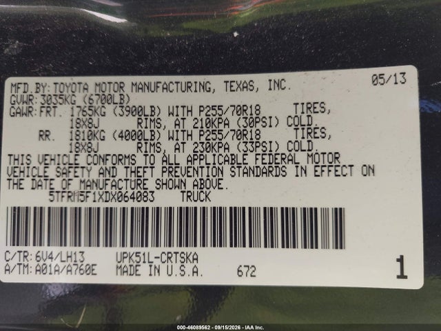46089562 :رقم المزاد ، 5TFRM5F1XDX064083 vin ، 2013 Toyota Tundra Grade 4.6l V8 مزاد بيع