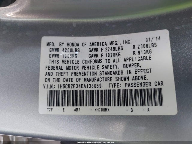 Honda ACCORD LX 2014 1HGCR2F34EA138059 Image 9