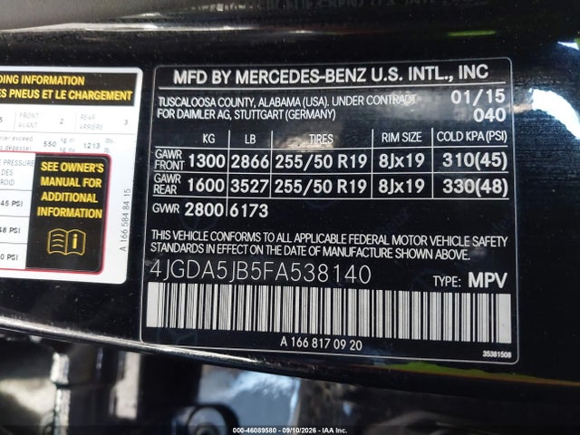 46089580 :رقم المزاد ، 4JGDA5JB5FA538140 vin ، 2015 Mercedes-benz Ml 350 مزاد بيع