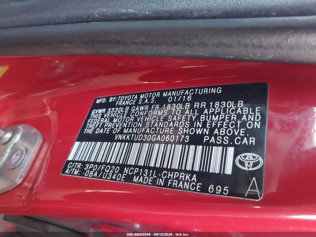 Aukcja sprzedaży 2016 Toyota Yaris L, vin: VNKKTUD30GA060173, numer aukcji: 46089586