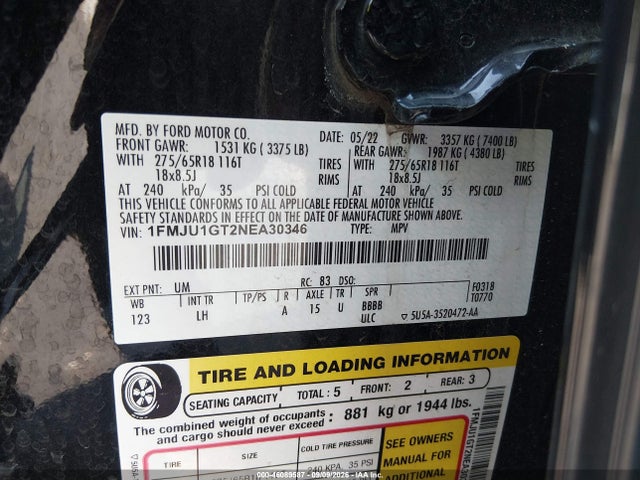 2022 Ford Expedition Xl მანქანა იყიდება აუქციონზე, vin: 1FMJU1GT2NEA30346, აუქციონის ნომერი: 46089587