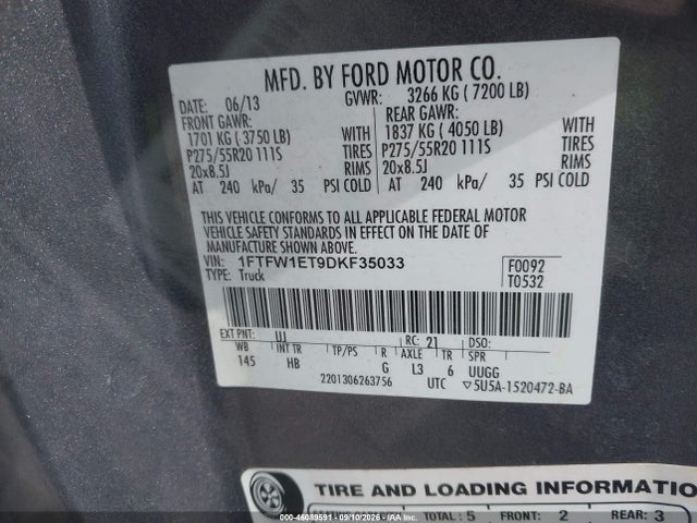 Продажа на аукционе авто 2013 Ford F-150 Lariat, vin: 1FTFW1ET9DKF35033, номер лота: 46089591