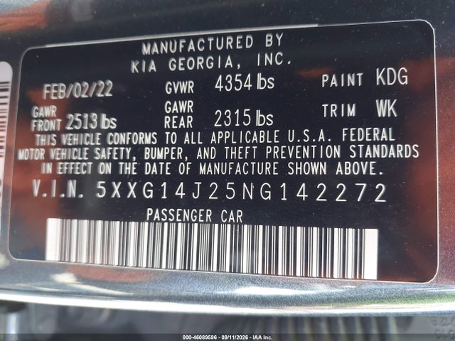 2022 Kia K5 Lxs მანქანა იყიდება აუქციონზე, vin: 5XXG14J25NG142272, აუქციონის ნომერი: 46089596