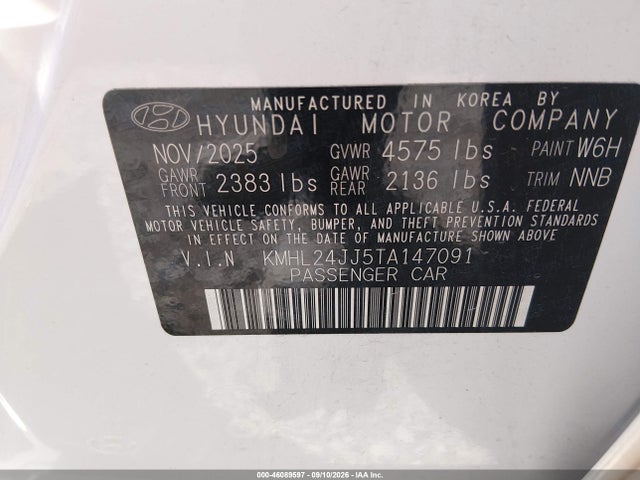 Aukcja sprzedaży 2026 Hyundai Sonata Hybrid Blue, vin: KMHL24JJ5TA147091, numer aukcji: 46089597