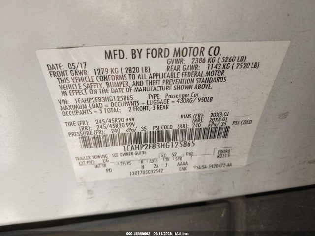 Продаж на аукціоні авто 2017 Ford Taurus Limited, vin: 1FAHP2F83HG125865, номер лоту: 46089602