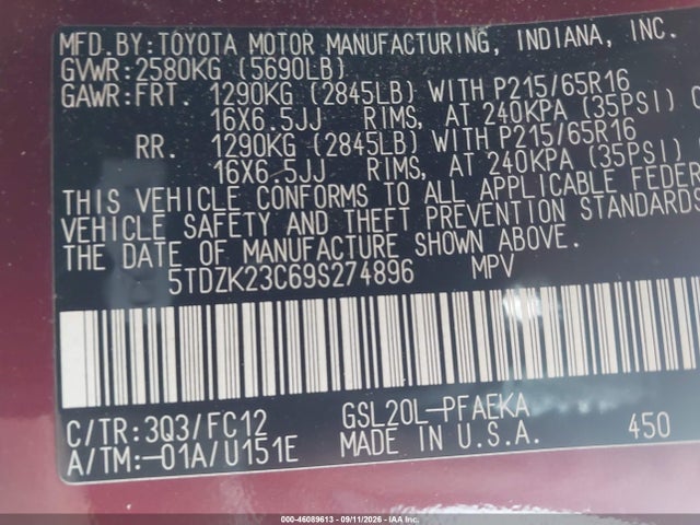 Продаж на аукціоні авто 2009 Toyota Sienna Le, vin: 5TDZK23C69S274896, номер лоту: 46089613