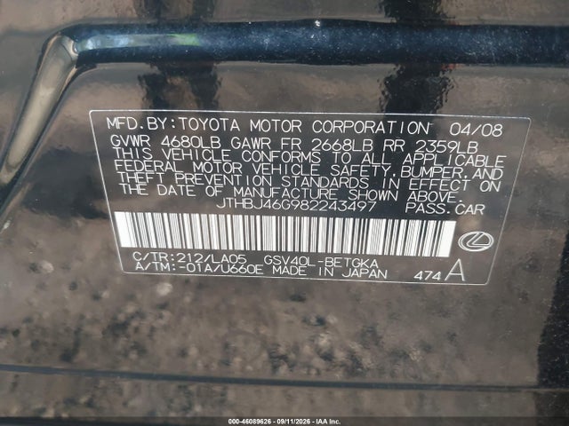 Продажа на аукционе авто 2008 Lexus Es 350, vin: JTHBJ46G982243497, номер лота: 46089626