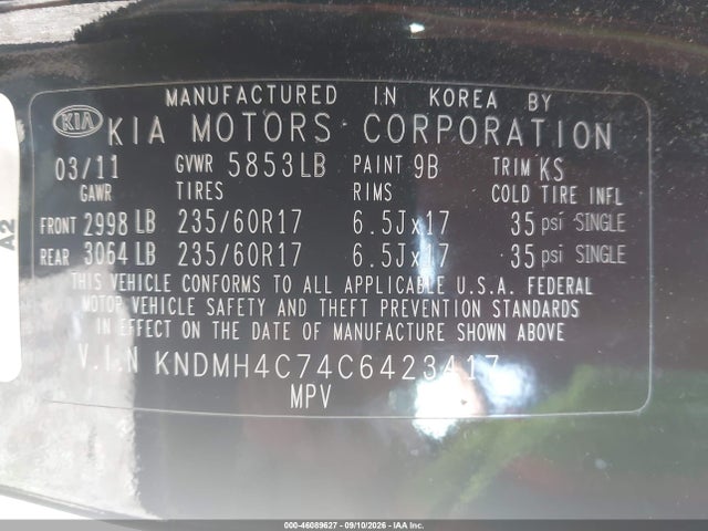 Aukcja sprzedaży 2012 Kia Sedona Ex, vin: KNDMH4C74C6423417, numer aukcji: 46089627
