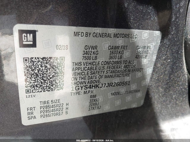 46089632 :رقم المزاد ، 1GYS4HKJ7JR260551 vin ، 2018 Cadillac Escalade Esv Luxury مزاد بيع