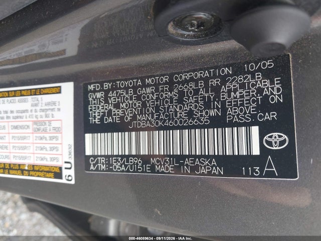 46089634 :رقم المزاد ، JTDBA30K460026635 vin ، 2006 Toyota Camry Se V6 مزاد بيع