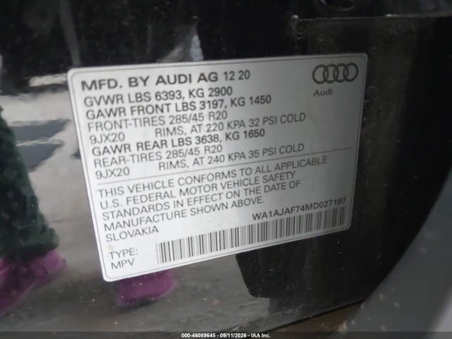Aukcja sprzedaży 2021 Audi Q7 Premium 45 Tfsi Quattro Tiptronic, vin: WA1AJAF74MD027187, numer aukcji: 46089645