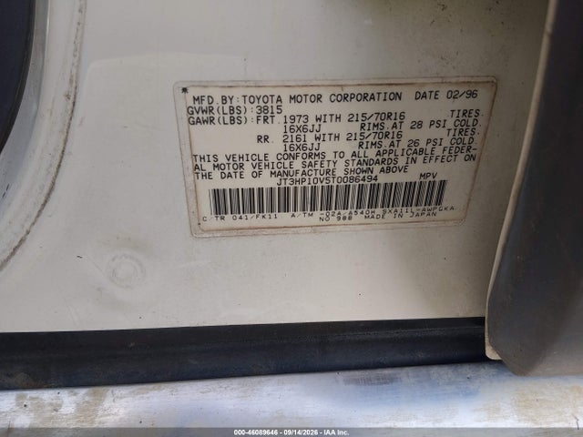 46089646 :رقم المزاد ، JT3HP10V5T0086494 vin ، 1996 Toyota Rav4 مزاد بيع