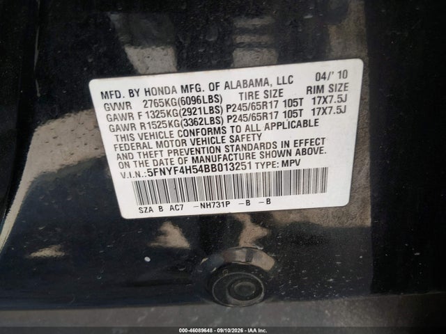 2011 Honda Pilot Ex-l მანქანა იყიდება აუქციონზე, vin: 5FNYF4H54BB013251, აუქციონის ნომერი: 46089648