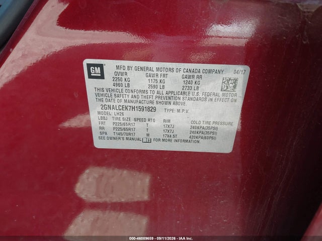 Продаж на аукціоні авто 2017 Chevrolet Equinox Lt, vin: 2GNALCEK7H1591829, номер лоту: 46089659