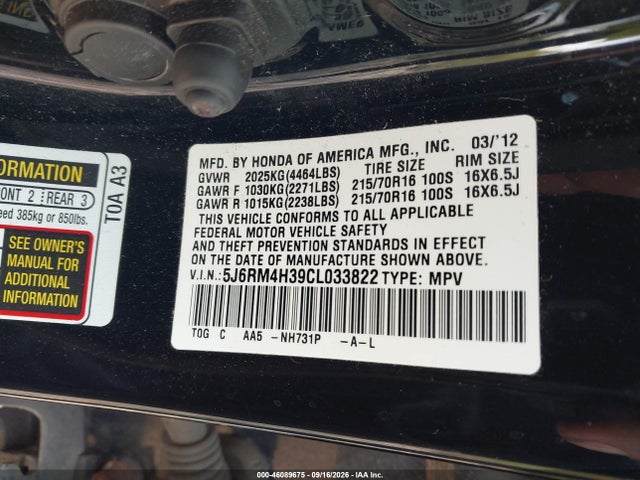 Aukcja sprzedaży 2012 Honda Cr-v Lx, vin: 5J6RM4H39CL033822, numer aukcji: 46089675