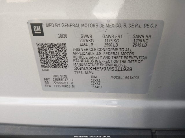 46089683 :رقم المزاد ، 3GNAXHEV9MS111929 vin ، 2021 Chevrolet Equinox Fwd Ls مزاد بيع