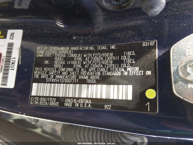 Продаж на аукціоні авто 2007 Toyota Tundra Sr5 V8, vin: 5TFRV54137X007311, номер лоту: 46089696