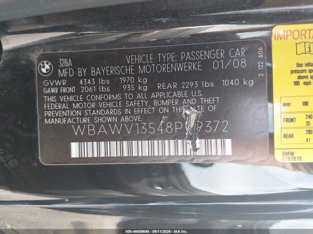 Aukcja sprzedaży 2008 Bmw 328i, vin: WBAWV13548P119372, numer aukcji: 46089698