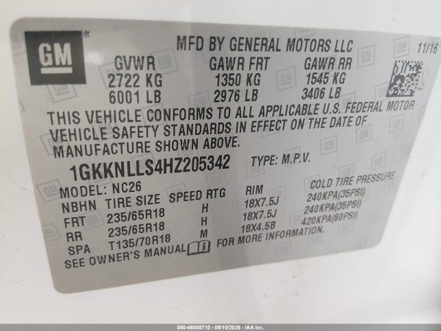 Aukcja sprzedaży 2017 Gmc Acadia Sle-2, vin: 1GKKNLLS4HZ205342, numer aukcji: 46089710