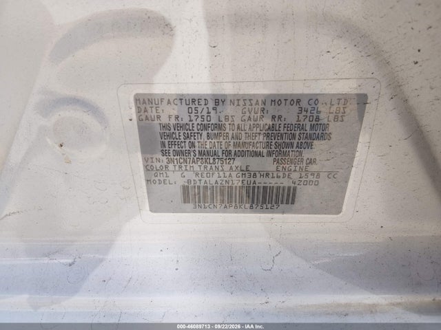 46089713 :رقم المزاد ، 3N1CN7AP8KL875127 vin ، 2019 Nissan Versa 1.6 S+ مزاد بيع