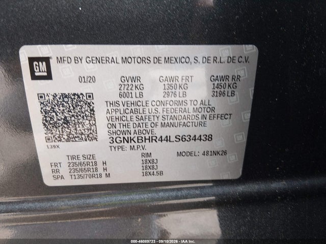 46089723 :رقم المزاد ، 3GNKBHR44LS634438 vin ، 2020 Chevrolet Blazer Awd 2lt مزاد بيع