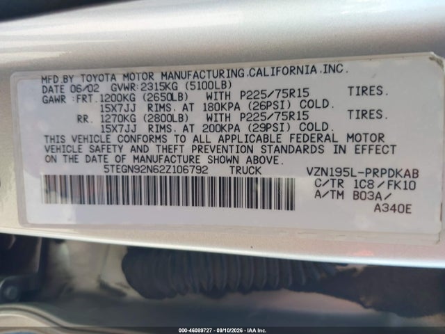 2002 Toyota Tacoma Prerunner V6 მანქანა იყიდება აუქციონზე, vin: 5TEGN92N62Z106792, აუქციონის ნომერი: 46089727