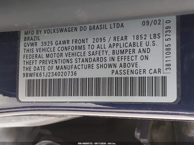 46089732 :رقم المزاد ، 9BWFK61J234020736 vin ، 2003 Volkswagen Golf Gl 2.0l مزاد بيع