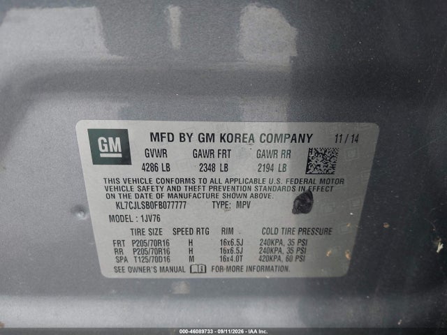 Продажа на аукционе авто 2015 Chevrolet Trax Lt, vin: KL7CJLSB0FB077777, номер лота: 46089733