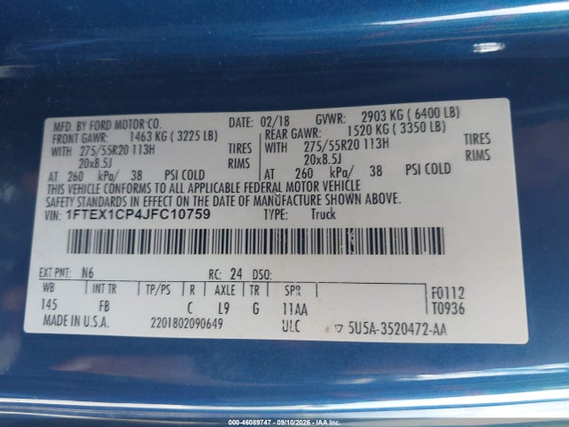Продаж на аукціоні авто 2018 Ford F-150 Xlt, vin: 1FTEX1CP4JFC10759, номер лоту: 46089747