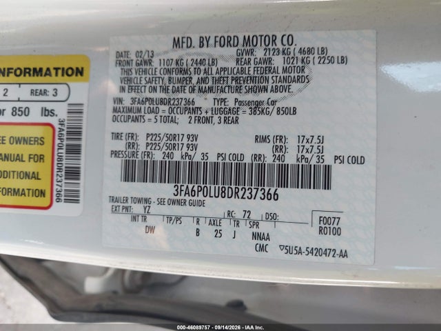 Aukcja sprzedaży 2013 Ford Fusion Hybrid Se, vin: 3FA6P0LU8DR237366, numer aukcji: 46089757