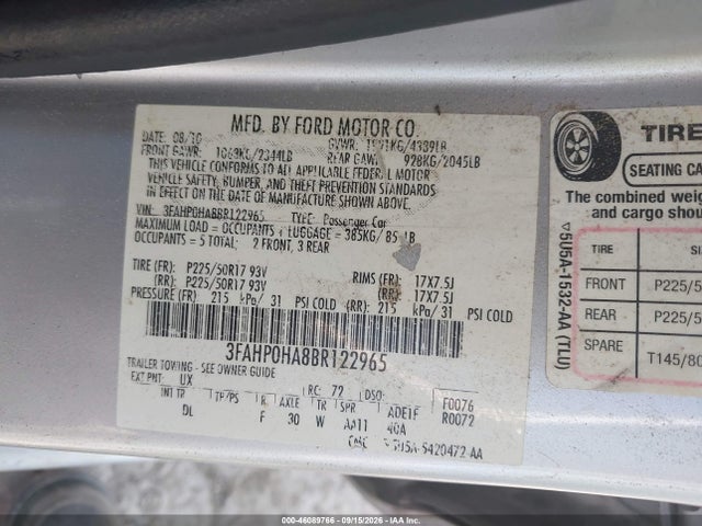 Aukcja sprzedaży 2011 Ford Fusion Se, vin: 3FAHP0HA8BR122965, numer aukcji: 46089766