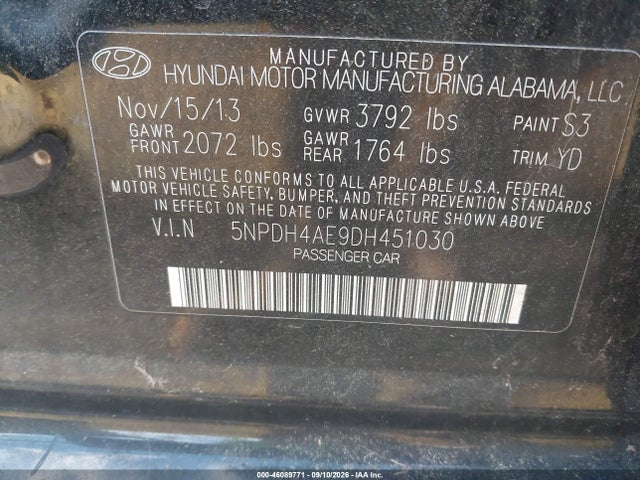 2013 Hyundai Elantra Limited მანქანა იყიდება აუქციონზე, vin: 5NPDH4AE9DH451030, აუქციონის ნომერი: 46089771