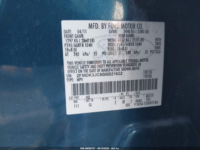 46089787 :رقم المزاد ، 2FMDK3JC8BBB21622 vin ، 2011 Ford Edge Sel مزاد بيع