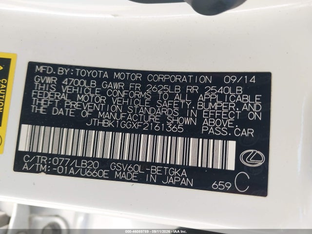 46089789 :رقم المزاد ، JTHBK1GGXF2161365 vin ، 2015 Lexus Es 350 مزاد بيع