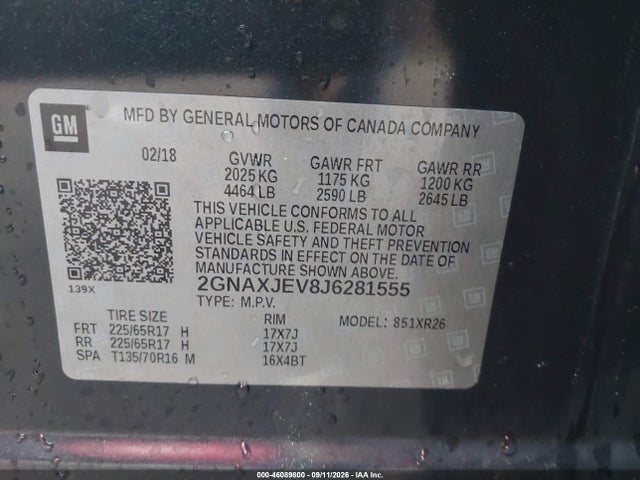 2018 Chevrolet Equinox Lt მანქანა იყიდება აუქციონზე, vin: 2GNAXJEV8J6281555, აუქციონის ნომერი: 46089800
