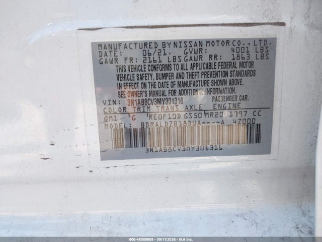 46089808 :رقم المزاد ، 3N1AB8CV3MY301316 vin ، 2021 Nissan Sentra Sv Xtronic Cvt مزاد بيع