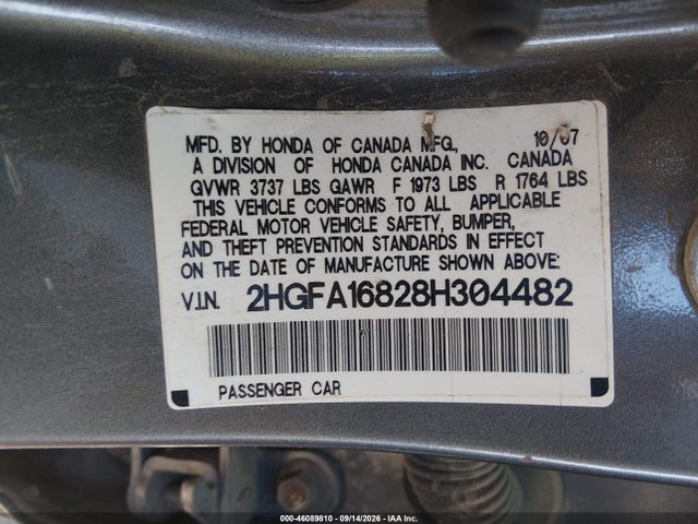 46089810 :رقم المزاد ، 2HGFA16828H304482 vin ، 2008 Honda Civic Ex مزاد بيع